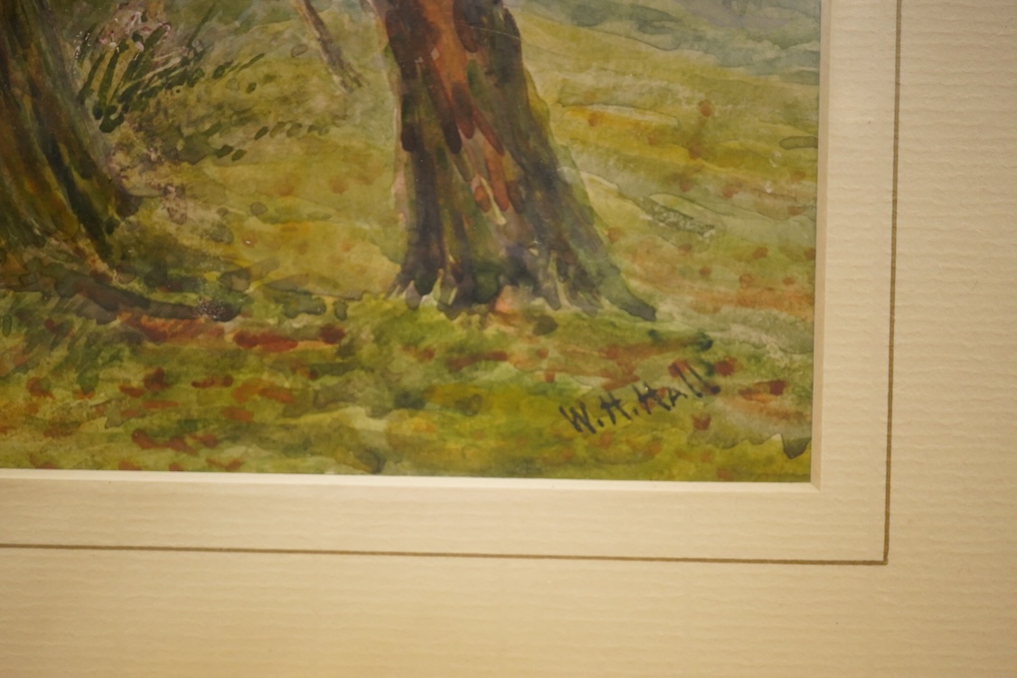 William Henry Hall (act.1874-1926), River scene with trees, signed lower right, watercolour, mounted, unframed, 23 x 33cm